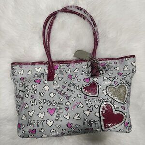 Coach Poppy Heart Print Tote Bag With Burgundy Patent Leather Handles & Charm Ac